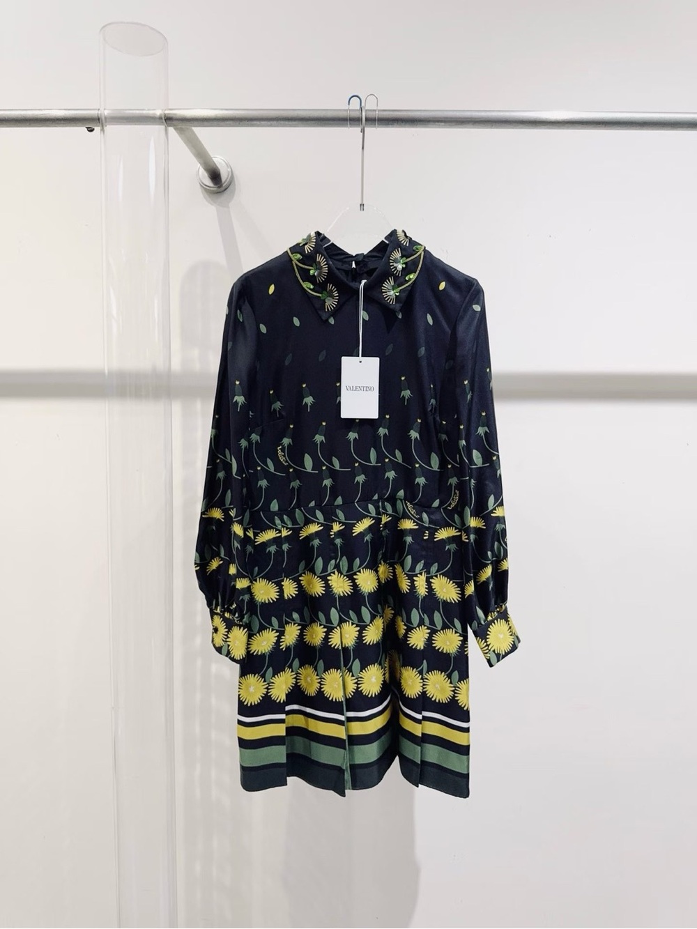 ๐ฉsteal Valentino Black Dress with Yellow Floral Border and Green Accents